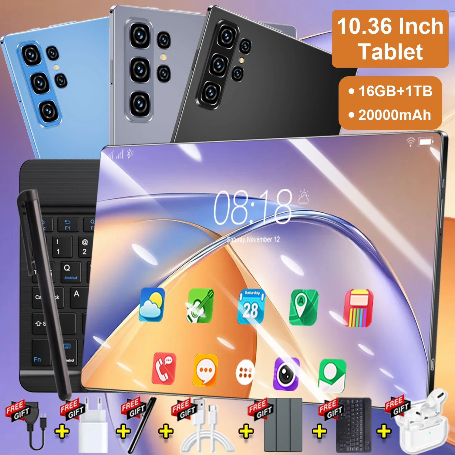 Tablette Android 13 de 10,36 pouces à faible consommation d'énergie, processeur 14 cœurs, 16 Go de RAM, 1 To de ROM, batterie 20000 mAh, prend en charge la 5G double SIM et le Wi-Fi, double caméra 16MP+32MP pour la diffusion vidéo, les études en ligne et le travail de bureau portable.