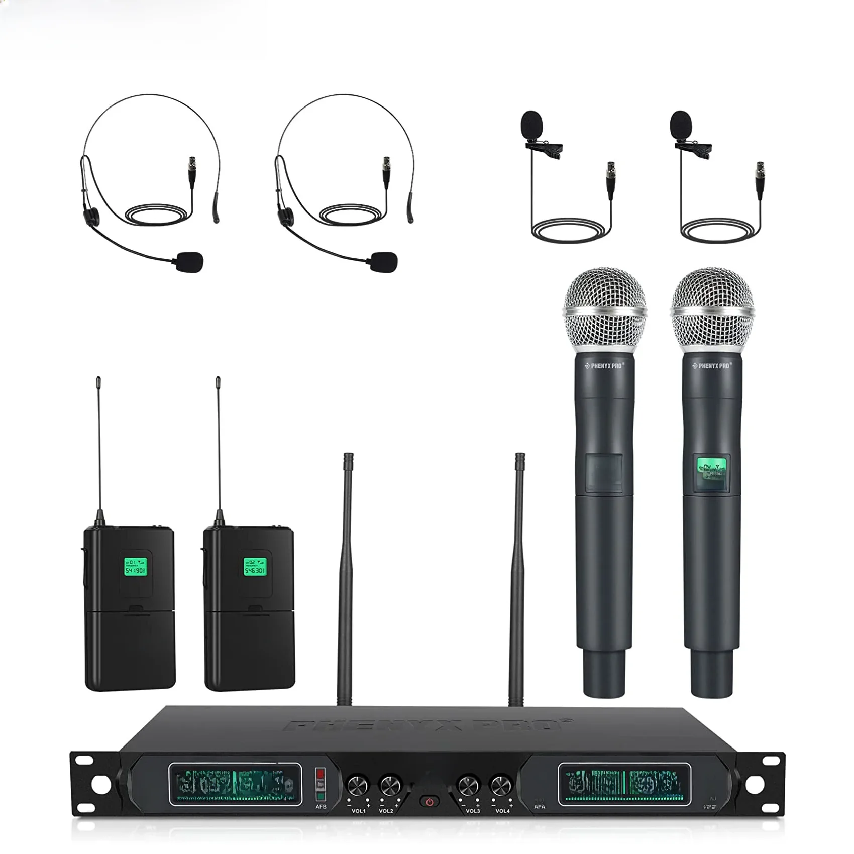 Phenyx Pro Conjunto de microfone sem fio UHF de 4 canais com portátil/mochila/fone de