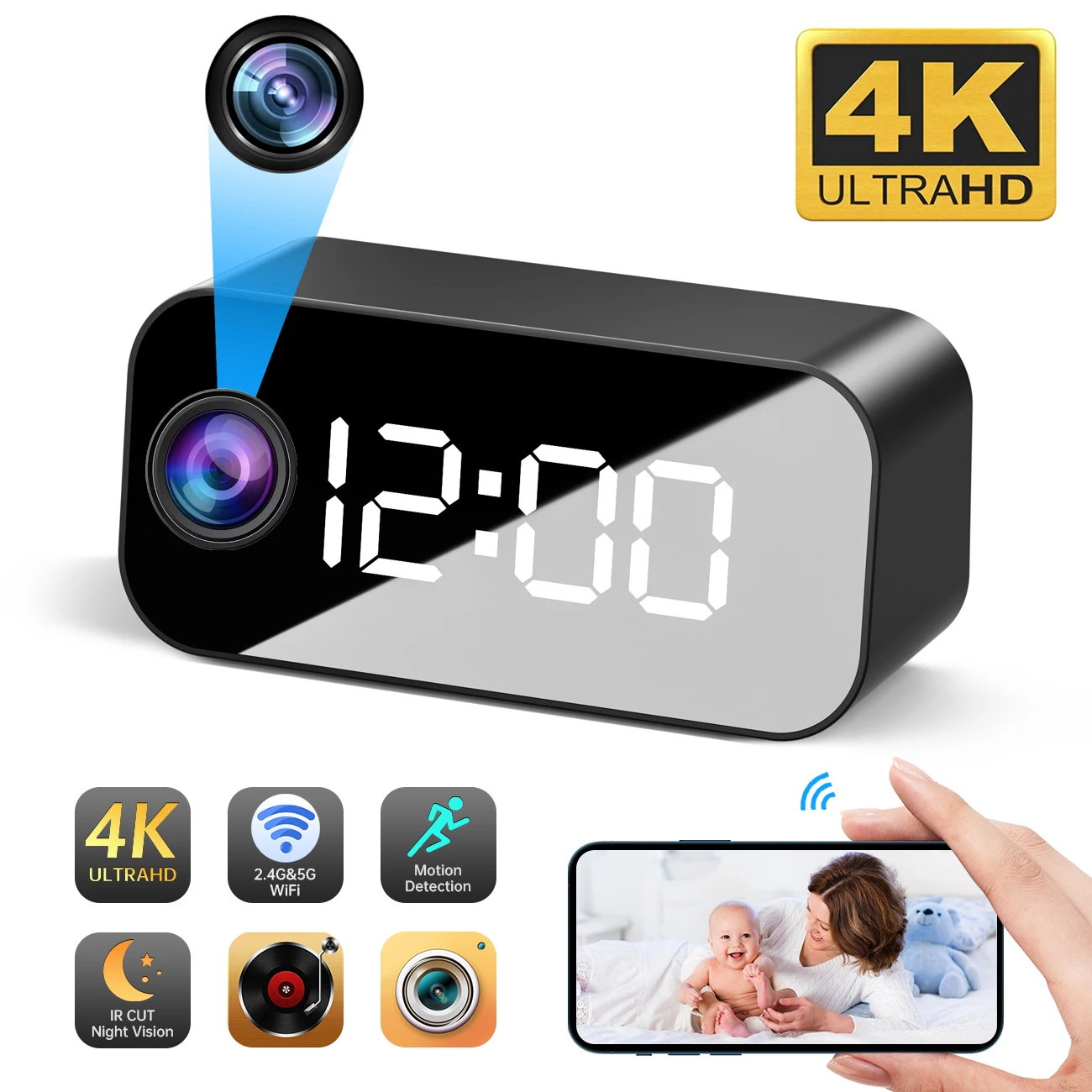Cámara de Reloj WIFI 4K HD, Cámara de 166 Grados, Microcámara con Visión Nocturna IR, Videograbadora con Alarma, Reloj Digital, Mini DVR Oculta, Cámara Pequeña