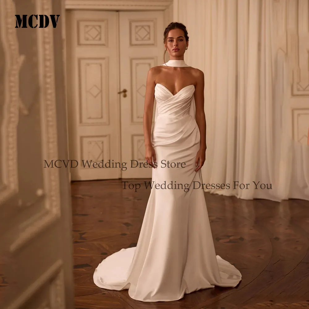 

MCDV Mermaid Wedding Dresses Strapless Pleats Bride Gown 2025 Shawl Satin Vestido De Novia Sleeveless Wedding Gowns Customized
