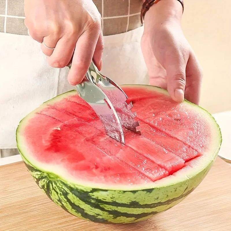 Cortador de sandía de acero inoxidable: Rápido y seguro cortador de cubos, divertido cuchillo para melón para uso en utensilios de cocina