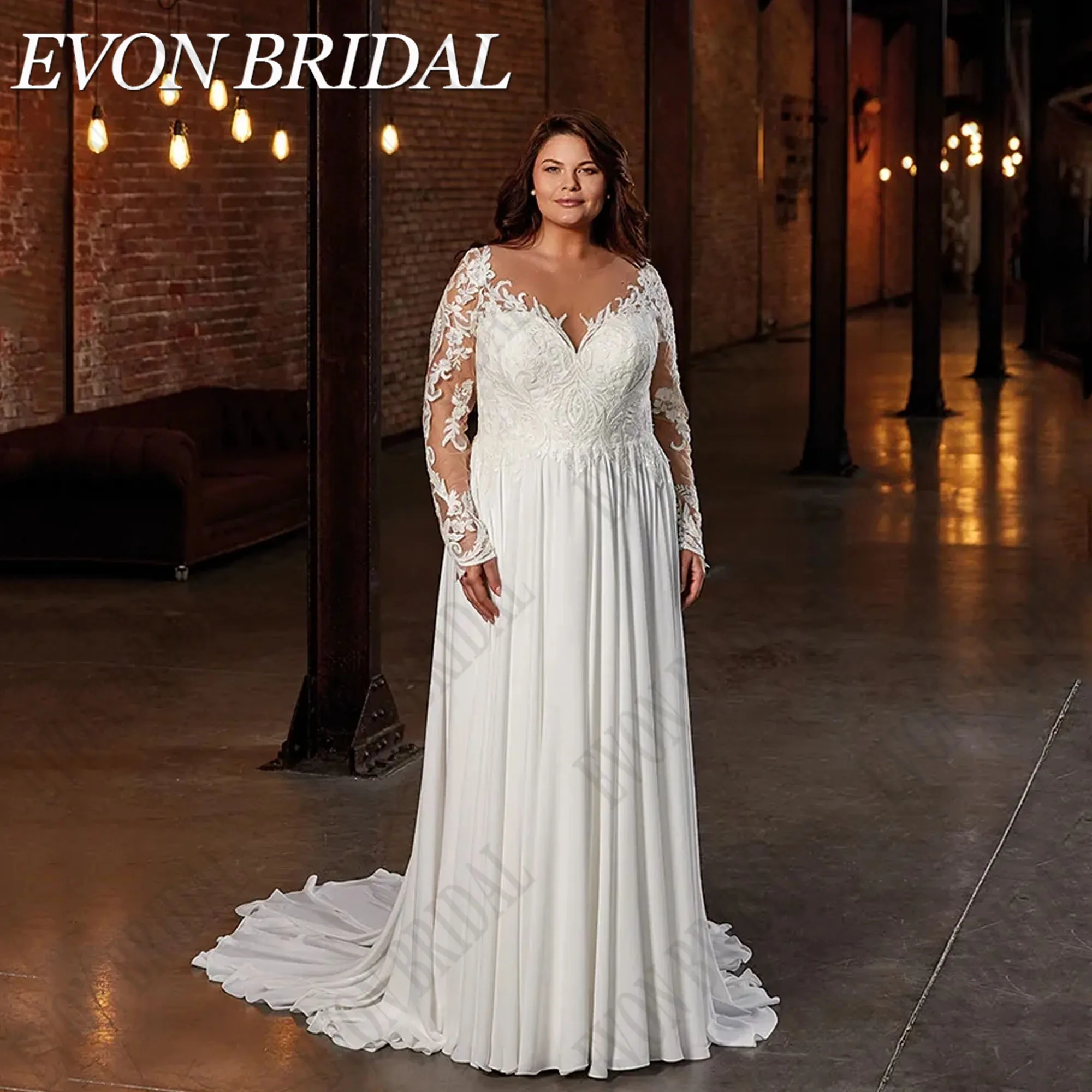 

EVON BRIDAL Chiffon Plus Size Wedding Dress Long Sleeves Scoop Neck Applique A-Line Bride Party Gowns Illusion Back Sweep Train