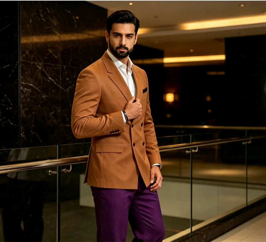 Double Breasted Suits for Men 2 Pieces Wedding Tuxedo with Pockets Slim Fit Formal Safari Blazer with Pants Set for Guest Prom