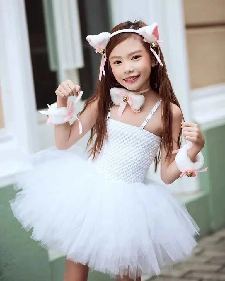Robe Tutu Chat Blanc pour Bol, Costumes de Carnaval et d'Halloween, Tenue Cosplay Animal pour Enfants, Ensemble de VĂŞtements de ixd'Anniversaire