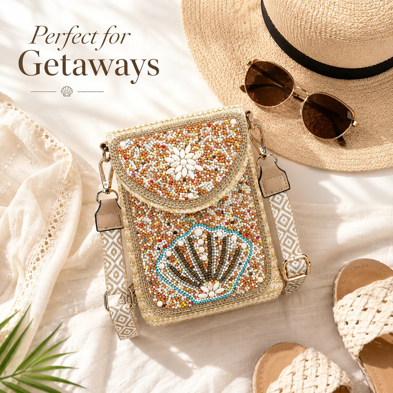 Seashell-themed island resort style Handmade straw weaving Bohemian Straw Crossbody Bag for Women