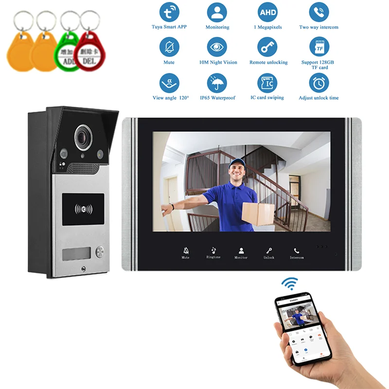 Tuya campainha de vídeo inteligente, cartão magnético, desbloqueio, controle de acesso, 7 espaços, wi-fi, vídeo porteiro, suporte para visão noturna