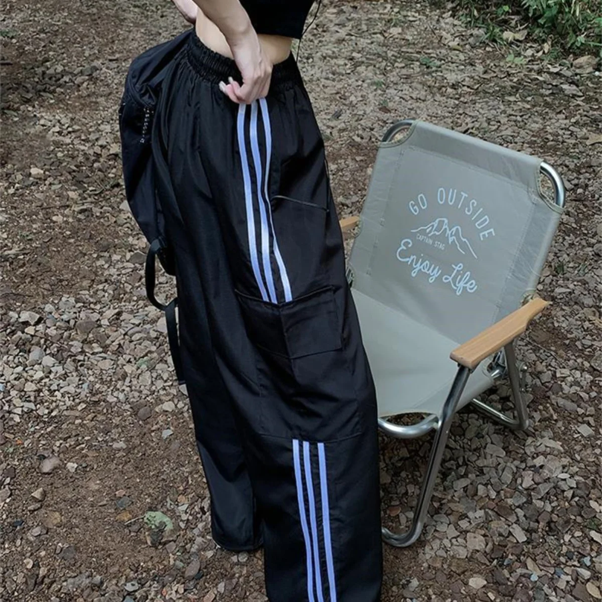 النساء Y2k واسعة الساق السراويل الترنك فضفاض الجانب مخطط ركض Sweatpants مرونة الخصر كتلة اللون المظلة السراويل مع جيوب