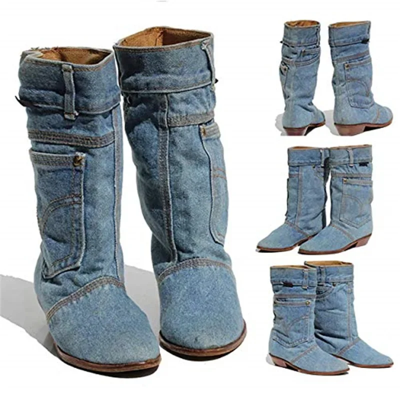 Bottes en denim à talons bas pour dames, bottes Cirboy décontractées, automne et hiver