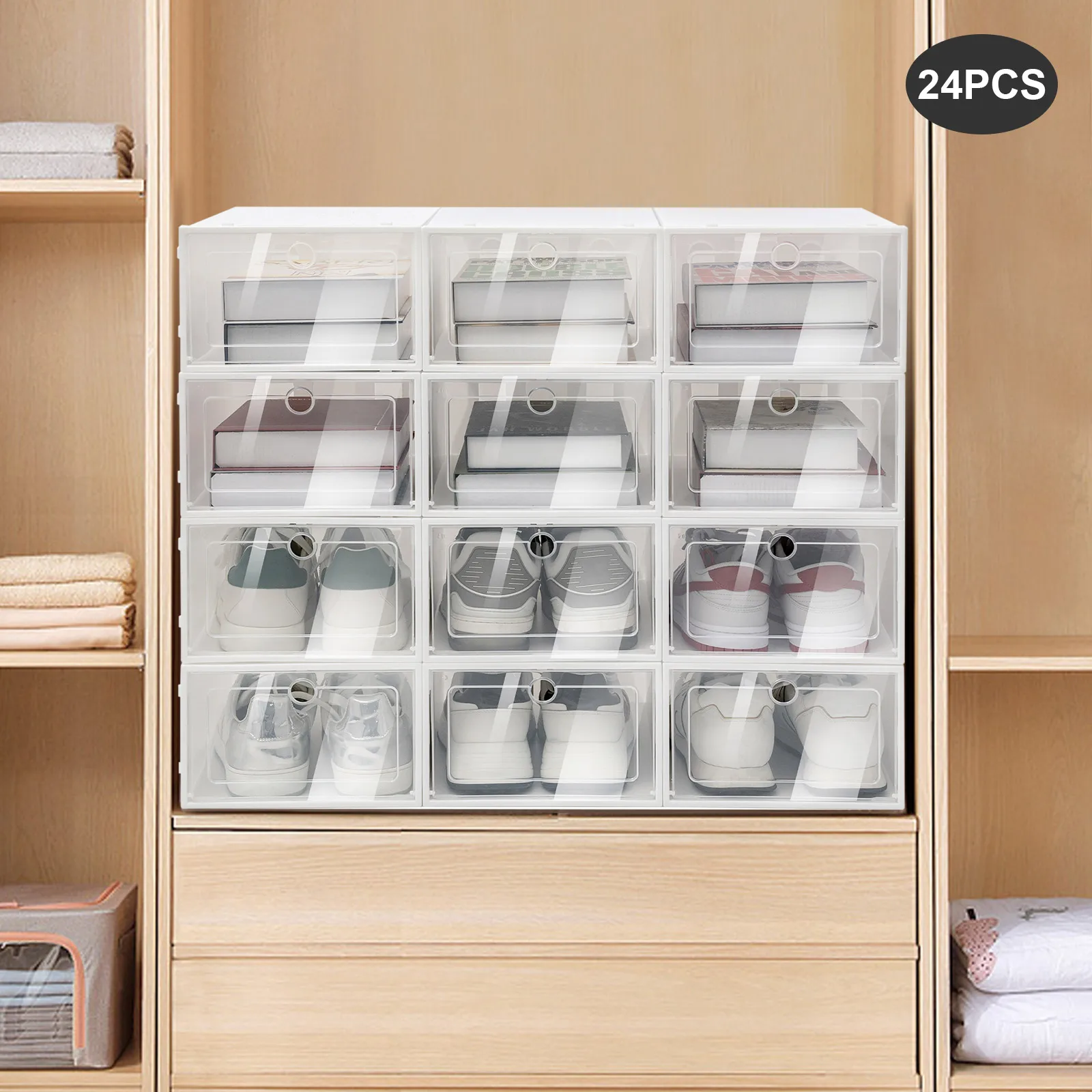 24Pcs PP Shoe Boxes Clear Shoe Boxes Stackable Shoe Storage Boxes with Lids Clear Plastic Stackable Shoe Organizers For Closet