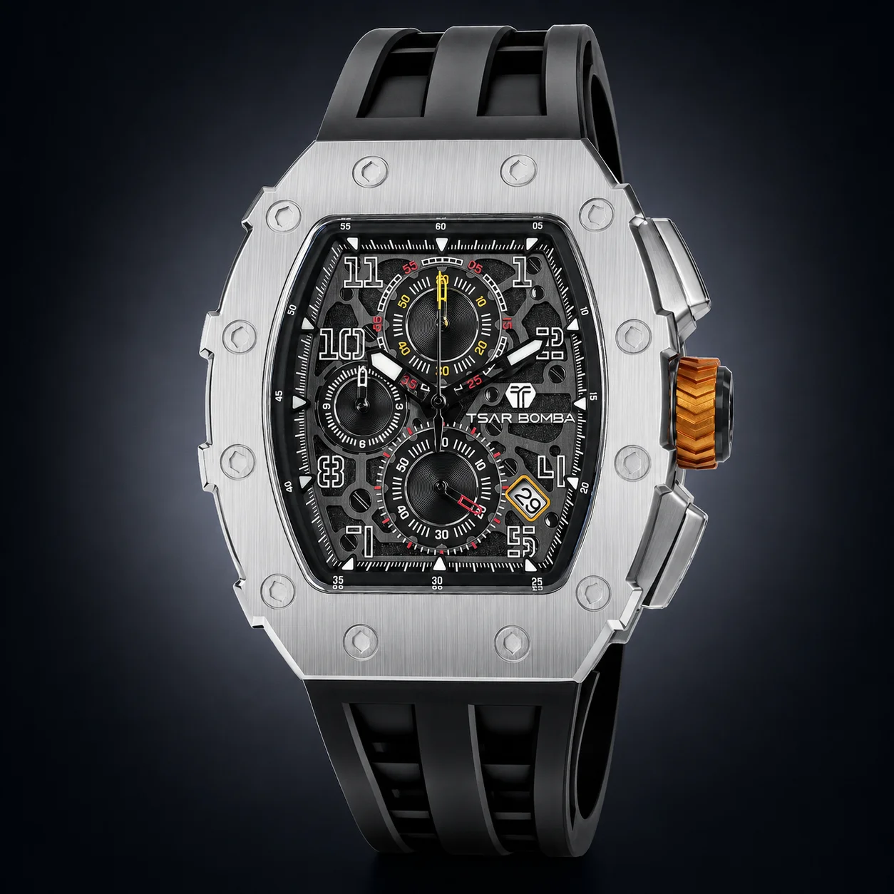 TSAR BOMBA TB8204 Men's Quartz Chronograph Watch, Sapphire Crystal, Stainless Steel Tonneau Case, Seiko TMI 5ATM Waterproof Date