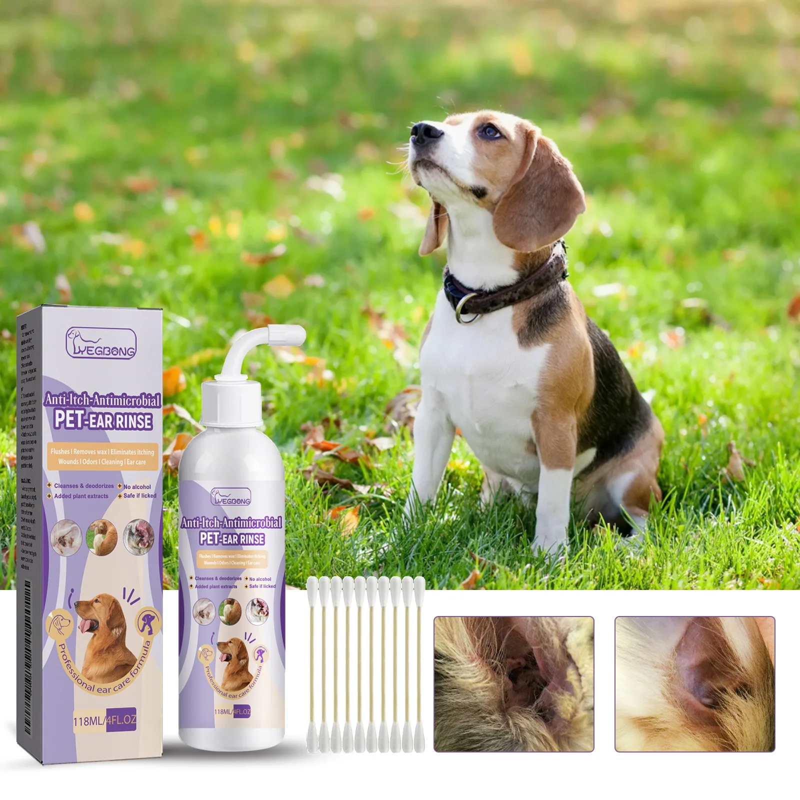 Yegbong 118ml Pet Ear Cleansing Liquid Ear Drops Relief Itching Ear Mites Odor Remover Earwax Cleaner Dogs Cats Ear Wash Drop