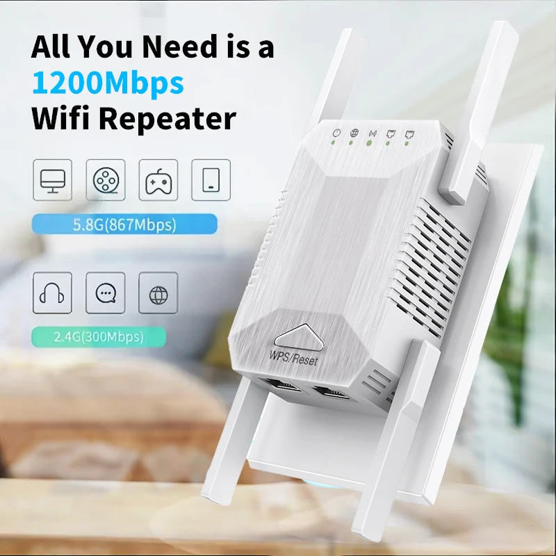 Wireless WiFi Repeater Router Wifi Amplifier 1200Mbps 2,4G/5GHz 4 Antenna Network Amplifier Repeater Signal Cover Extender