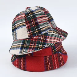 USPOP New Winter hat women plaid bucket hats short brim vintage bucket hats female thick warm hats