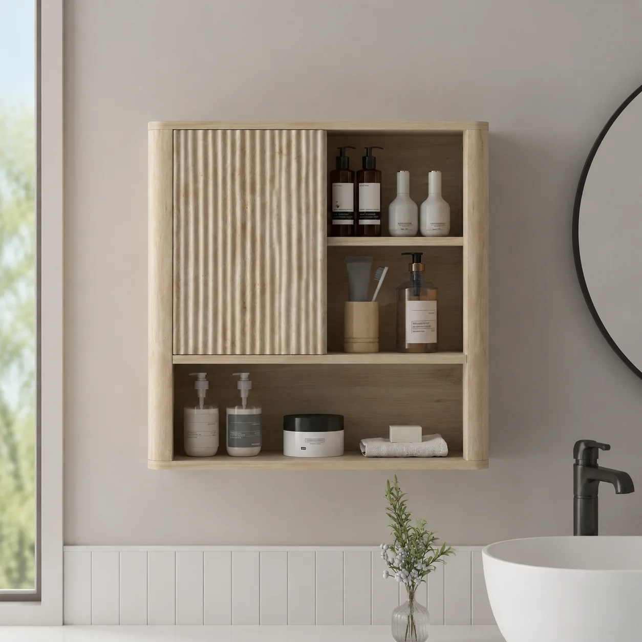 Meuble de salle de bain mural avec porte coulissante, 5 compartiments et étagères réglables, 60 x 20 x 62 cm, blanc