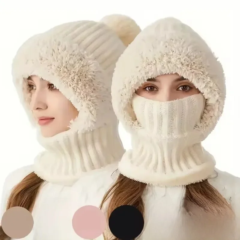 AliExpress NONE Winter Warm Balaclava Hat Thermal Knitting Plush Face Mask Hooded Neck Warmer for Outdoor Hike Cycling Cold-proof Cap
