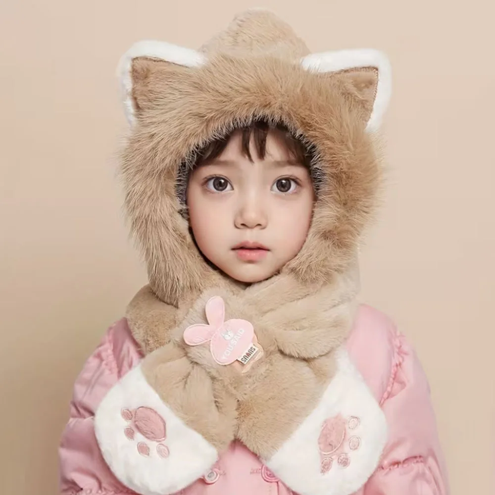 

2-10Y Youngsters Cat Paw Embroidery Hat and Scarf Combo Pullover Cute Cat Ear Winter Plush Thickened Ear Neck Protection Warm
