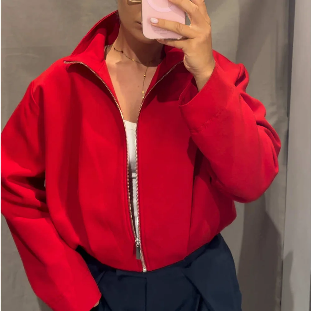 Womens Fashion Solid High Neck Zip Up Crop Jacket Loose Drop Shoulder Short Coat Casual Activewear Outfits Base Layer Tops