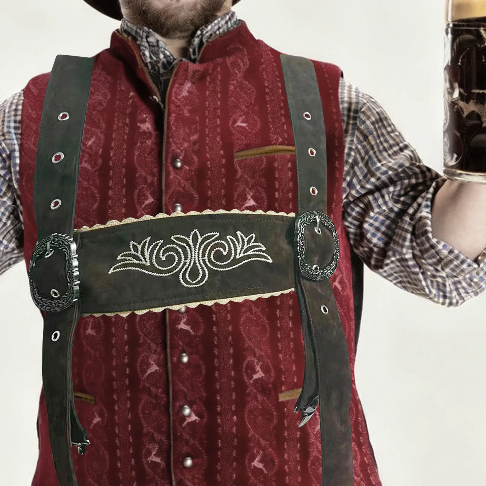 Traditional Men Bavarian Suspenders Polyester Materials Accessory Adjustable Dark Brown Lederhosen Braces for Oktoberfest