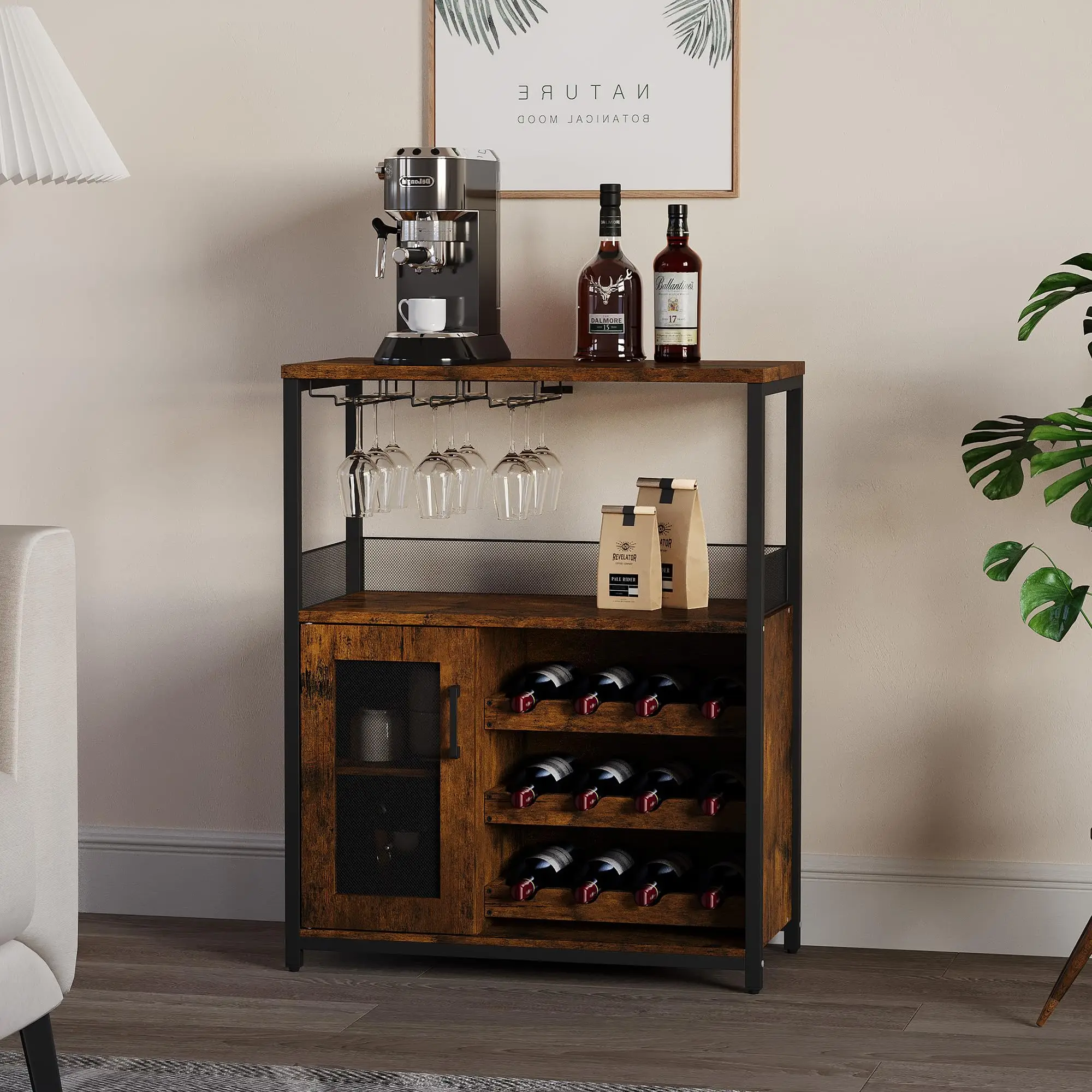 Weinschrank aus Holz, dreistöckiges Weinregal mit verstellbaren Einlegeböden, industrielles Bar-Sideboard für Küche, Esszimmer u