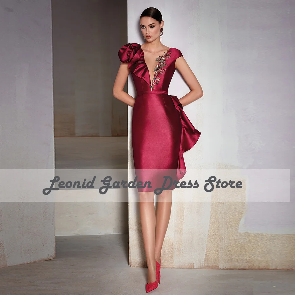 Red Jewel Neck Mother Of The Bride Dresses Sheath 2023 Evening Dresses Knee Length Elegant Short Sleeves Wedding Party Dress