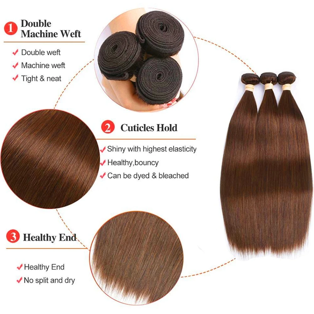 Brazilian Hair Weave Pacotes para Mulheres, Remy Cabelo Humano, Pacotes Retos, Extensões de Cabelo Castanho, #4, 8-40 em, 1 PC, 3 PCs, 4 PCs