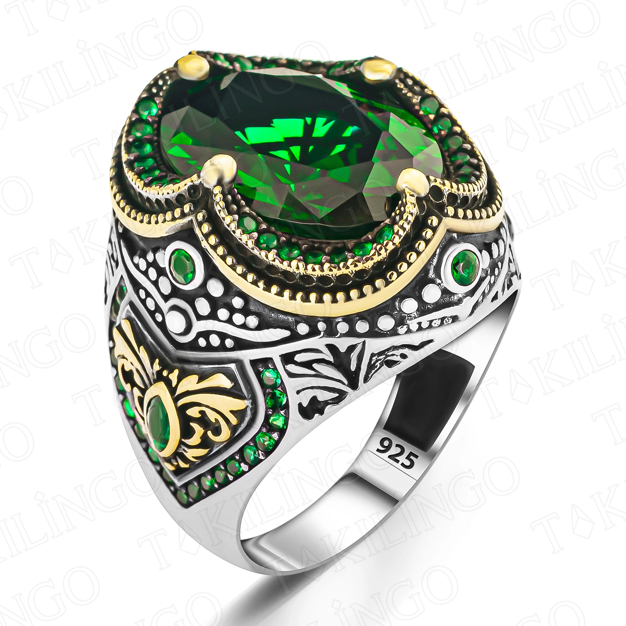 Elegant Stamped Solid 925 Sterling Silver Green Zirconia Men\'s Ring With Zircon Chic Handmade Jewelry Turkish Gift For Husband