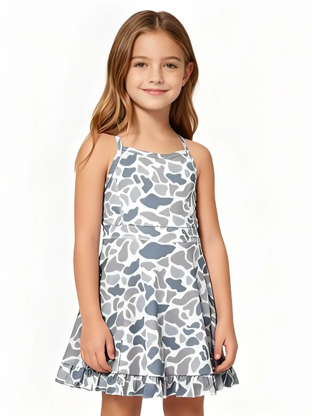Grey camo straps ruffle girls athletic dress
