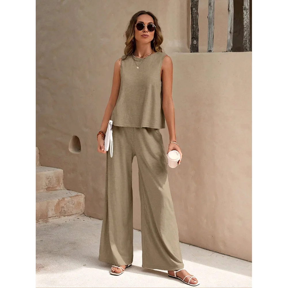 Summer New Women\'s Suit Solid Color Chiffon Sleeveless Top And Pants Set Light Breathable Loose Comfortable Sexy Elegant S-XL