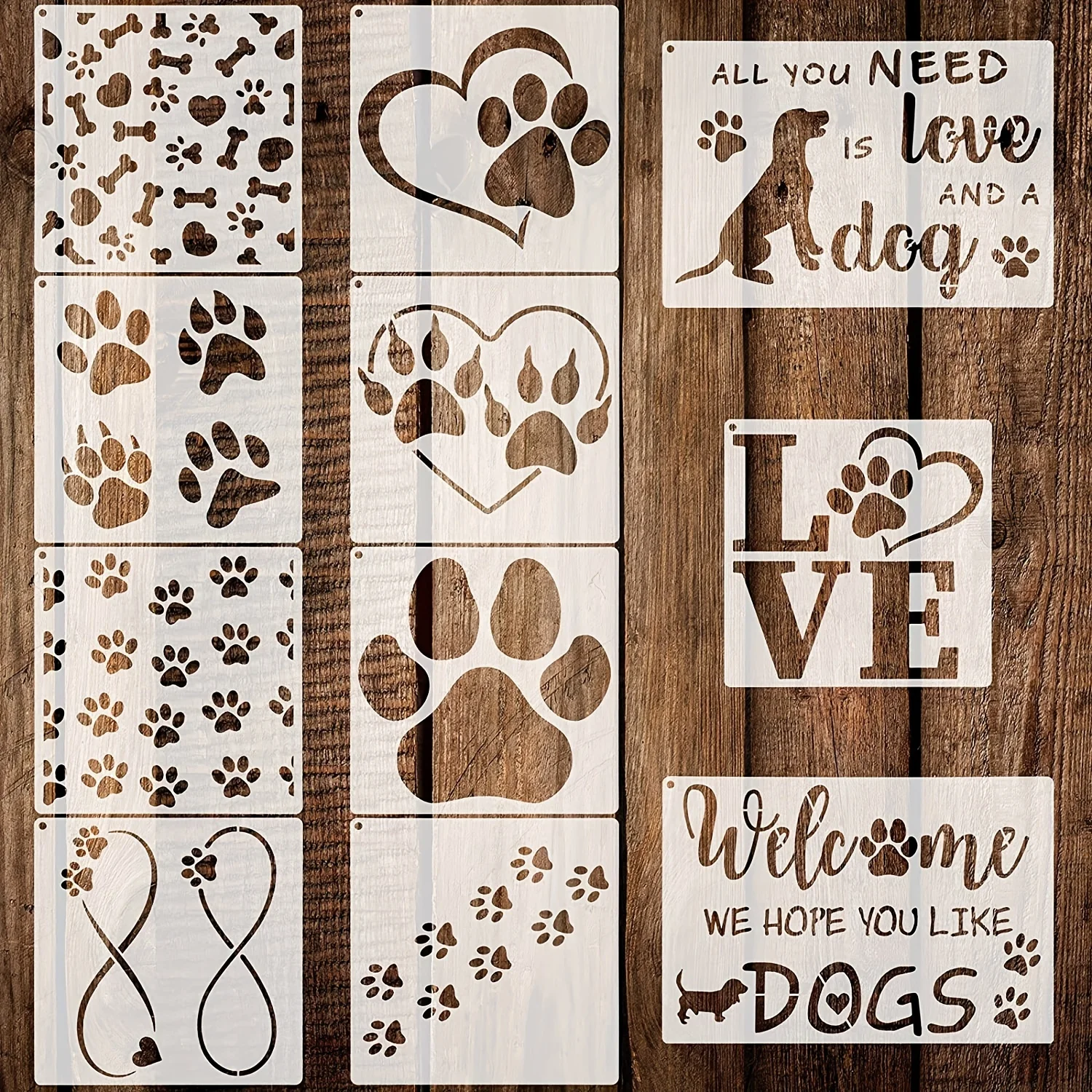 

11 Pieces Dog Paw Print Stencils Trail of Paw Prints Stencil Love Dog Stencils Reusable Painting Templates with Metal Open Ring