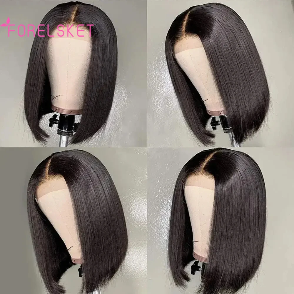 Peruca curta Bob para mulheres, cabelo humano reto pré-arrancado, perucas 4x4 com renda