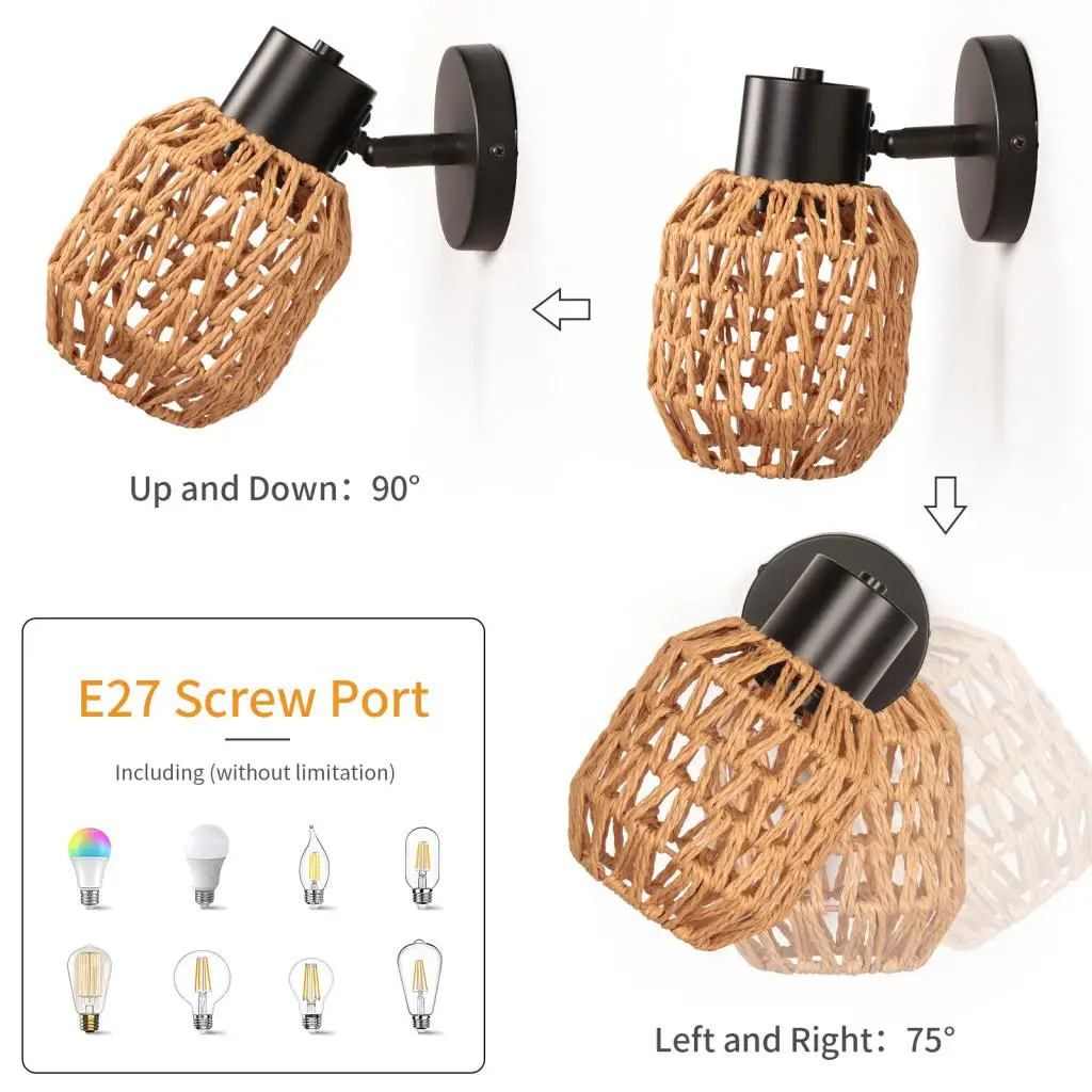 الرجعية حبل القنب المنسوجة الجدار الشمعدان خمر الجدار ضوء الإضاءة الروطان النسيج أباجورة بار غرفة المعيشة غرفة نوم ديكور المنزل E27 #6