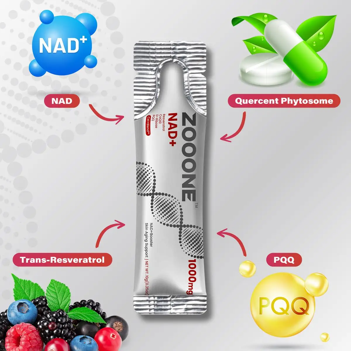 ZOOONE 1000mg NAD+ Berry Flavor Drink Mix for Skin Aging Support, Energy, and Focus - 30 Pack -