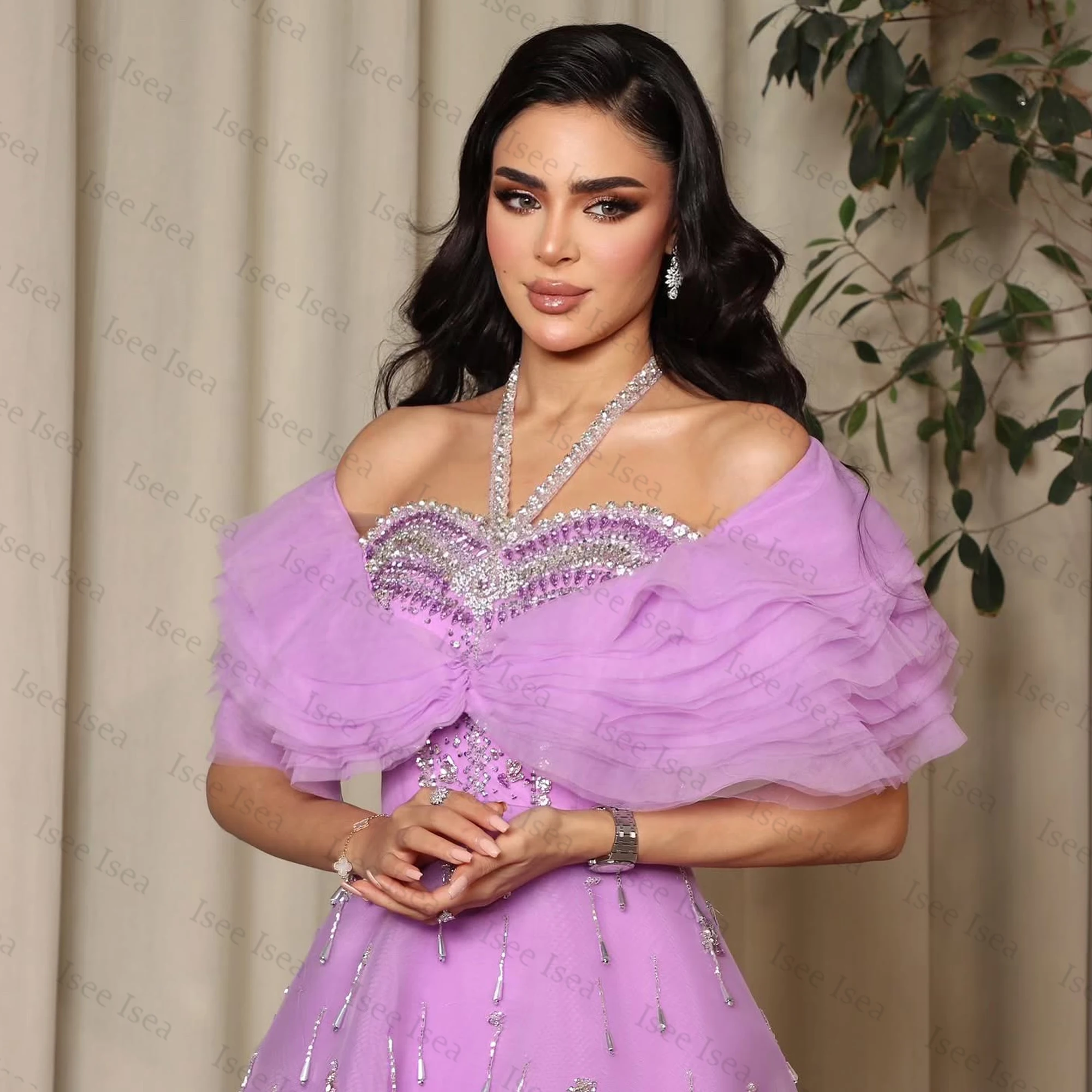 المملكة العربية السعودية كريستال لافندر فساتين السهرة حورية البحر شرابة الديكور فساتين الزفاف قبالة الكتف فستان الحفلة الراقصة ألف خط طول الكاحل