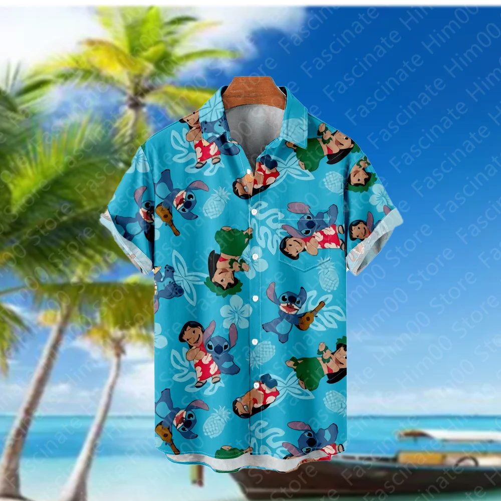 2024 Lilo & Stitch Men\'s Hawaiian Vacation Short Sleeve Shirt Lapel Button-Up Shirt T-Shirt Disney Children\'s Cartoon T-Shirt