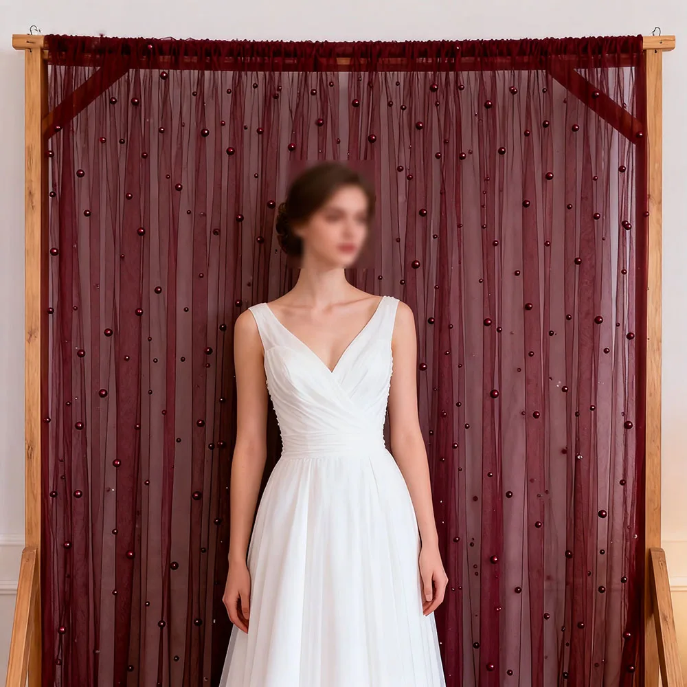 Burgunderroter Transparenter Perlgaze-Hintergrundvorhang | Hochzeit, Bühne, Fotostudio, Heimdekoration – Detail 5