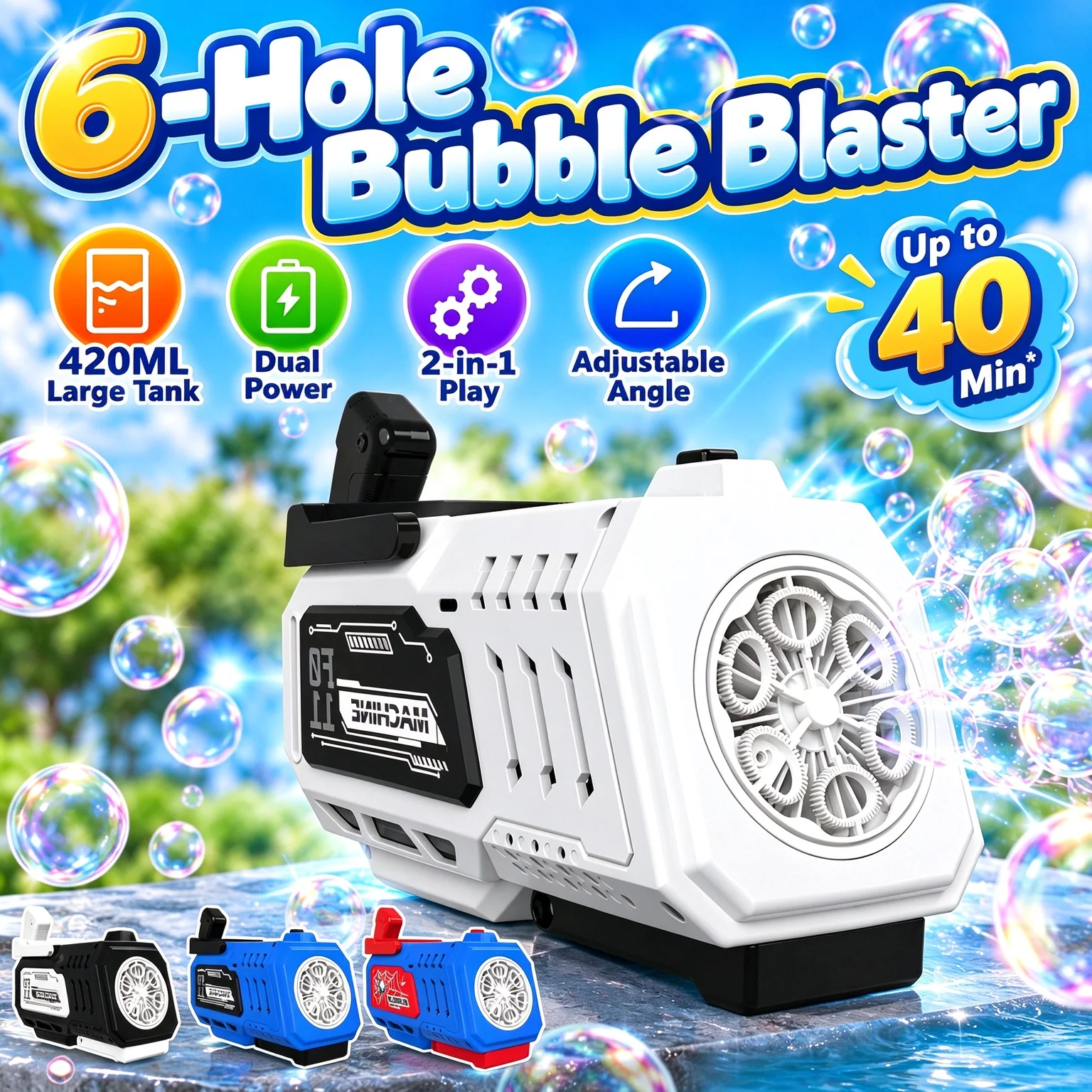 6-Hole Bubble Machine, 420ML Tank, Dual Power, Adjustable Angle, Outdoor Party Toy, Batteries and Bubble Solution Not Included