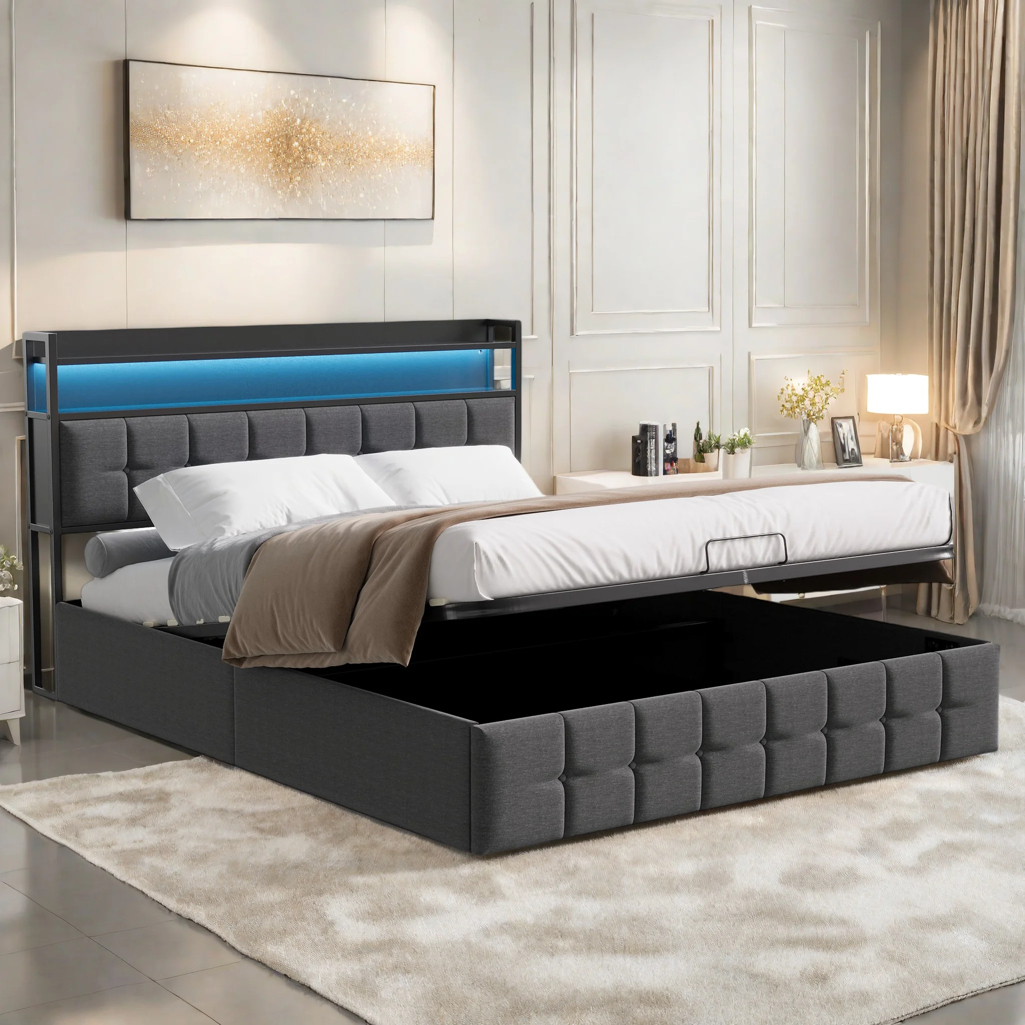 Rosahqnda Letto imbottito Letto matrimoniale 160x200 con luce LED e funzione di ricarica USB, Letto multifunzione, Letto contenitore, Senza materasso, Nero