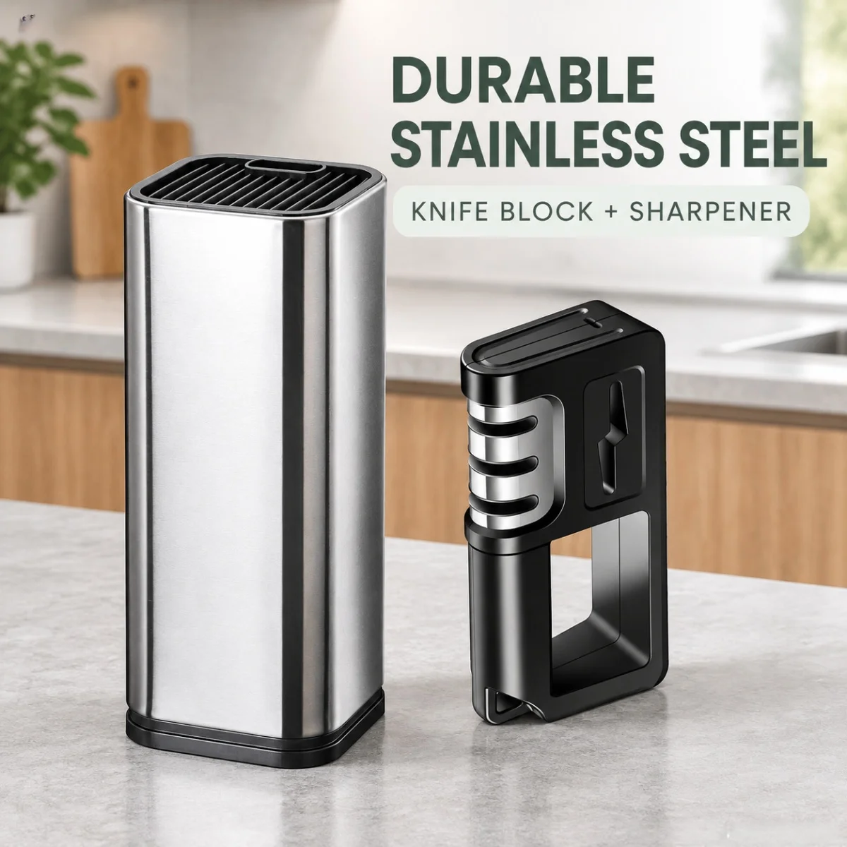 Stainless Steel Knife Holder with Knife Sharpener, 8 Inch Kitchen Knife Storage Rack, Rust Resistant Countertop Knife Organiser, Space Saving Cutlery Stand, Durable Kitchen Utensil Holder for Home Cooking Worktop Organisation