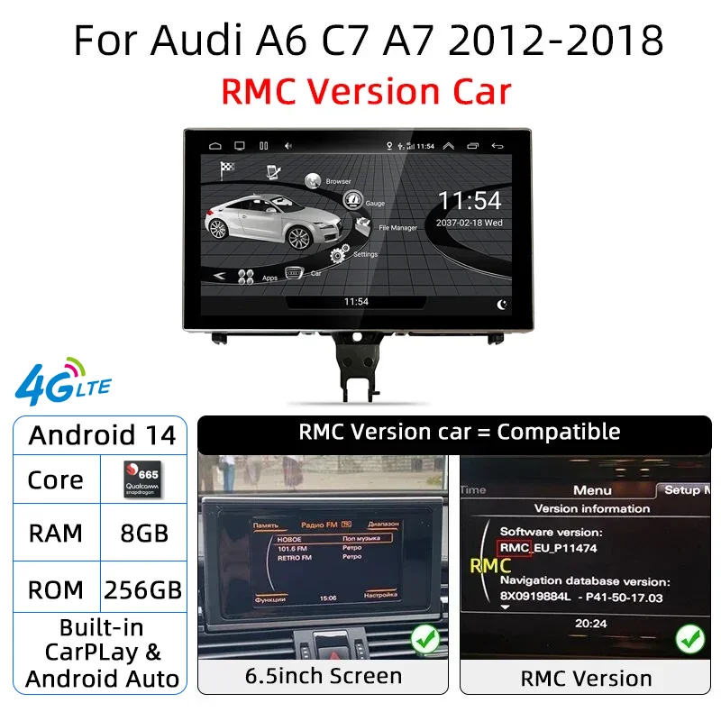 Android 14 Carplay Auto Multimedia Speler Voor Audi A6 C7 A7 2012 ~ 2018 Touchscreen 4G Muziek Stereo GPS Navi 8 + 256 GB Auto Radio