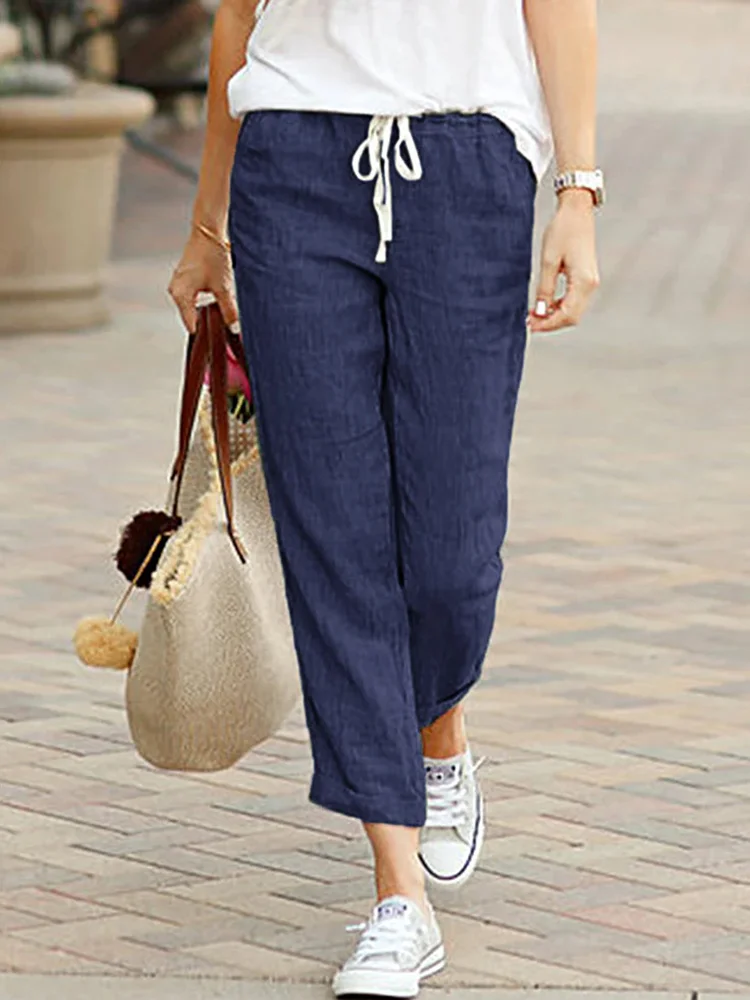 Women Elegant Simple Pants Fashion Drawstring Design Solid Color Cropped Pants Loose Causal Elastic Waist Office Lady Trousers