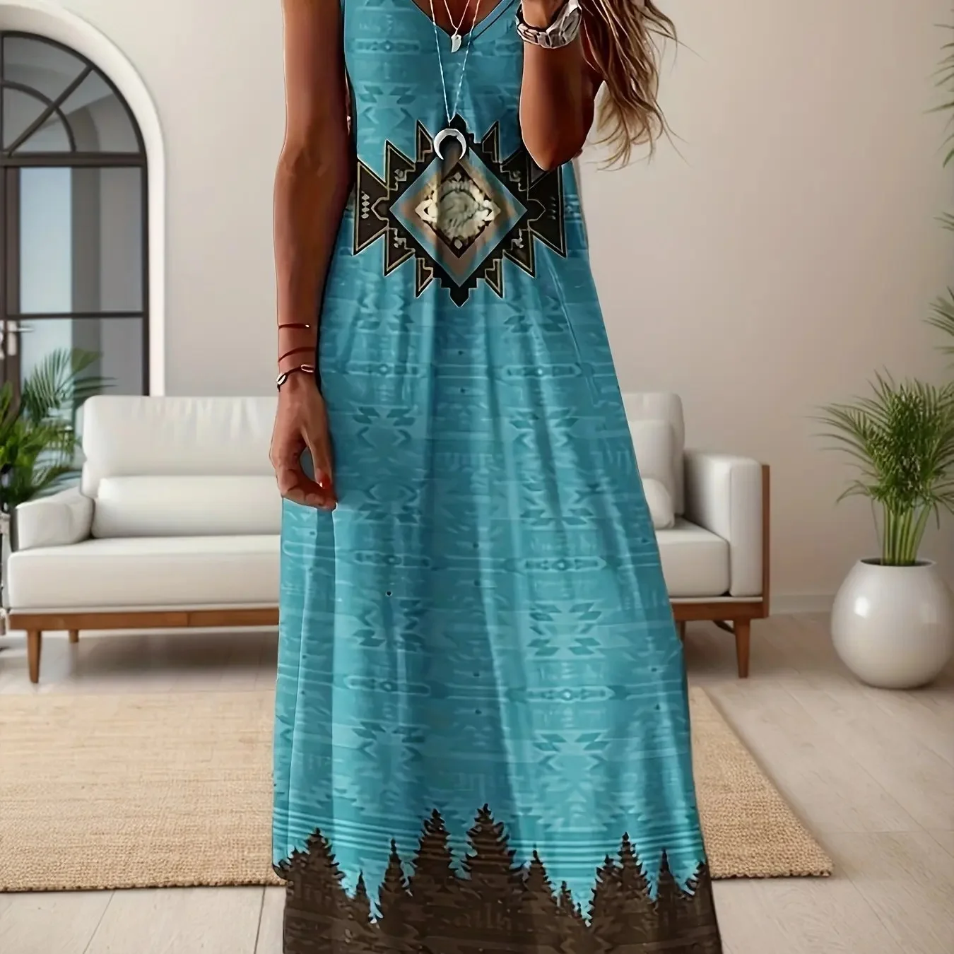 Été Frais Fleur Impression Plage Vacances Casual Bretelles Robe À La Mode Décontractée Sans Manches Lâche Bretelles Jupe Longue