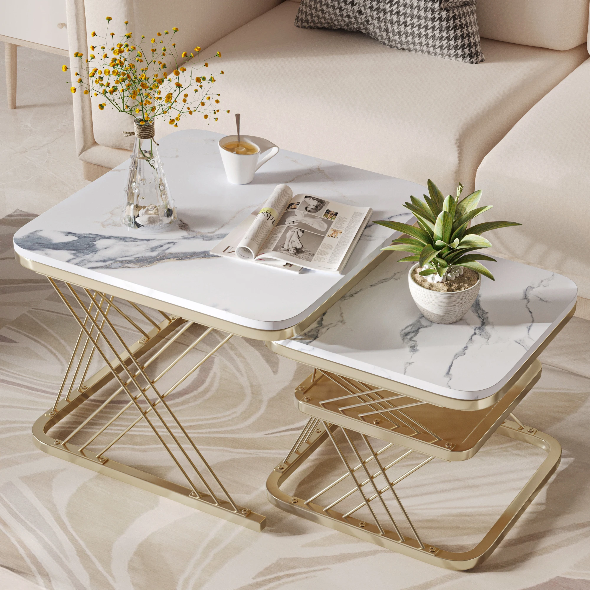 Rosahqnda Set da 2 tavolini da caffè con piastra bianca e supporto per gambe dorate, tavolino quadrato da incasso laterale