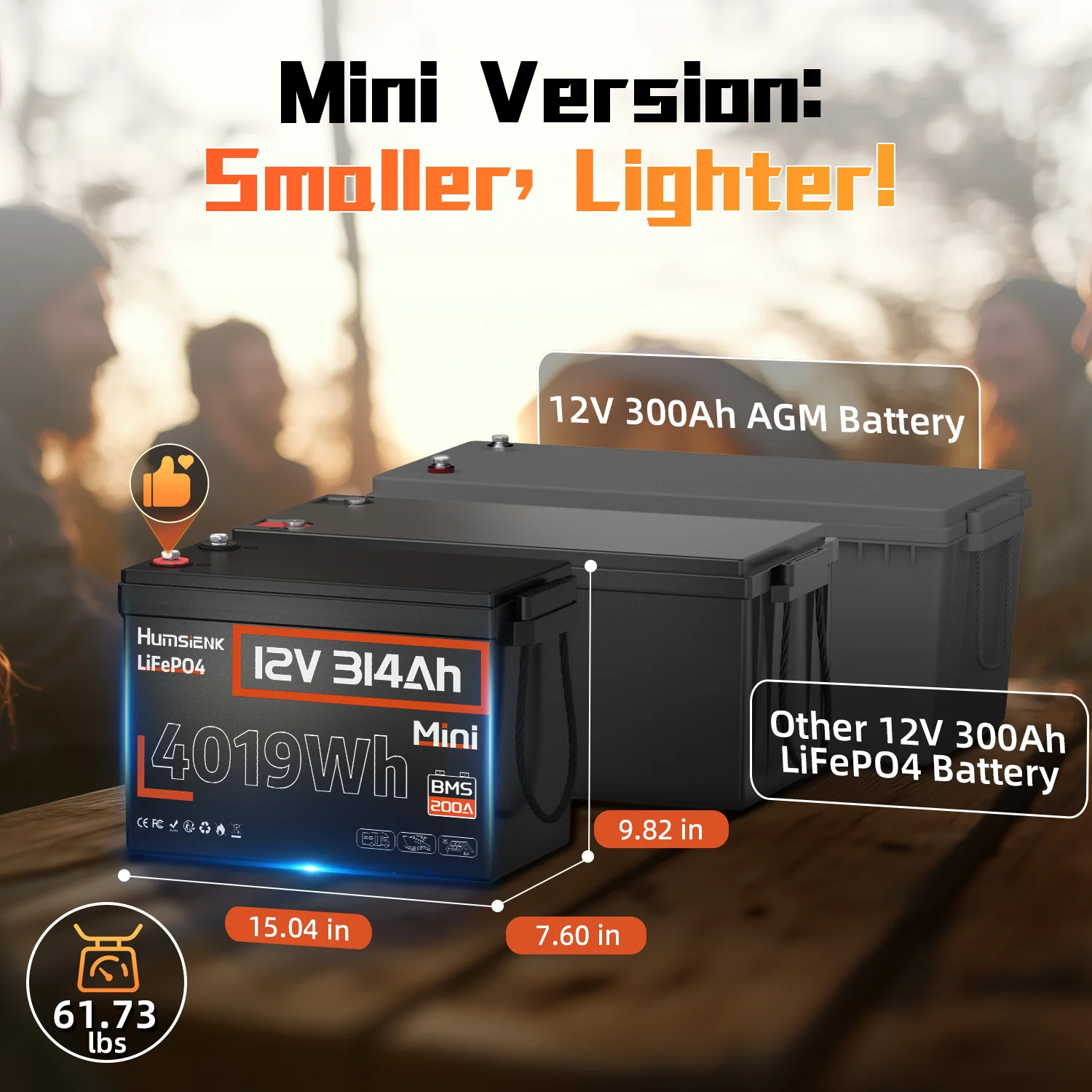 Humsienk 12V 314Ah MINI LiFePO4 Battery, Capacity 4019Wh & 200A BMS, 15000+ Deep Cycle, Low-Temp Protection For RV, Van, Golf Cart, Boat, Camper, Marine, Trolling Motor, Off-Grid, Solar Energy Storage, 5-Year Warranty - view 6