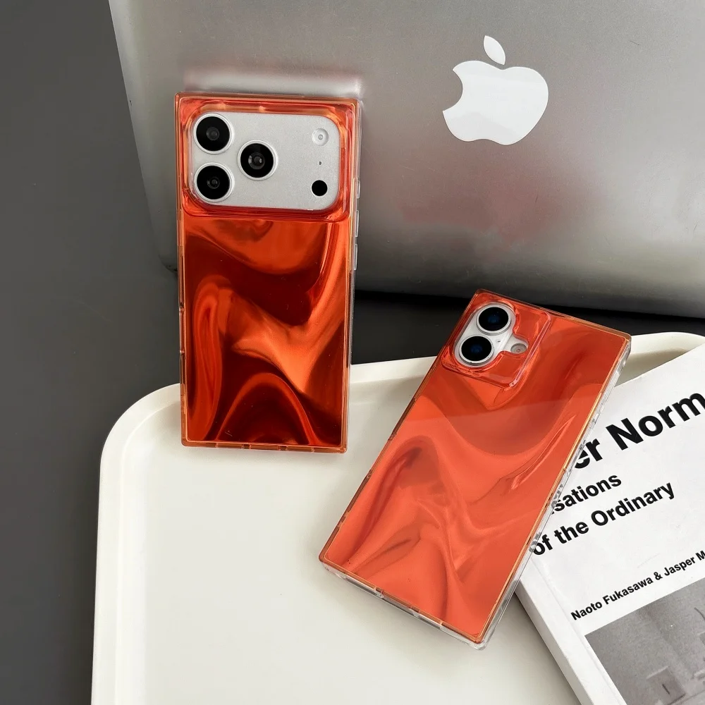 

Square high-gloss orange silk phone case, suitable for iPhone 13/14/15/16/17 Pro Max, Fundas 17 new shockproof protective case