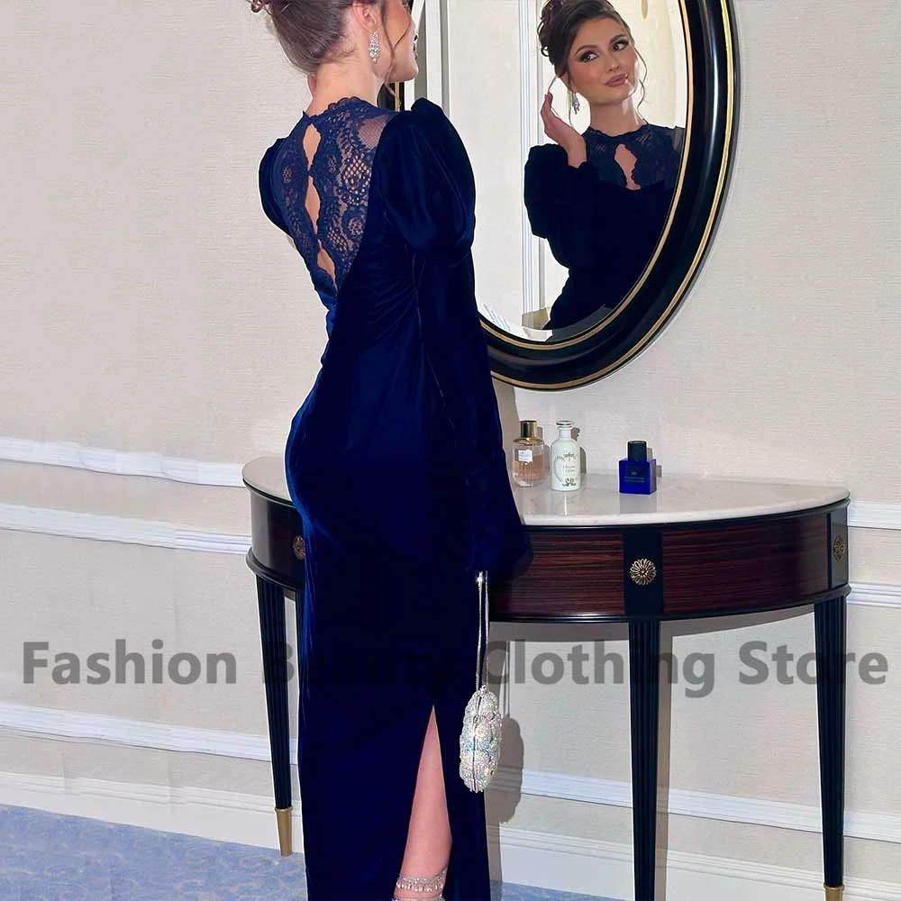 Velvet Evening Dress Dark Royal Blue Lace O-Neck Floor Length Women\'s Formal Gown Long Sleeve Column Wedding Guest Dresses 2024