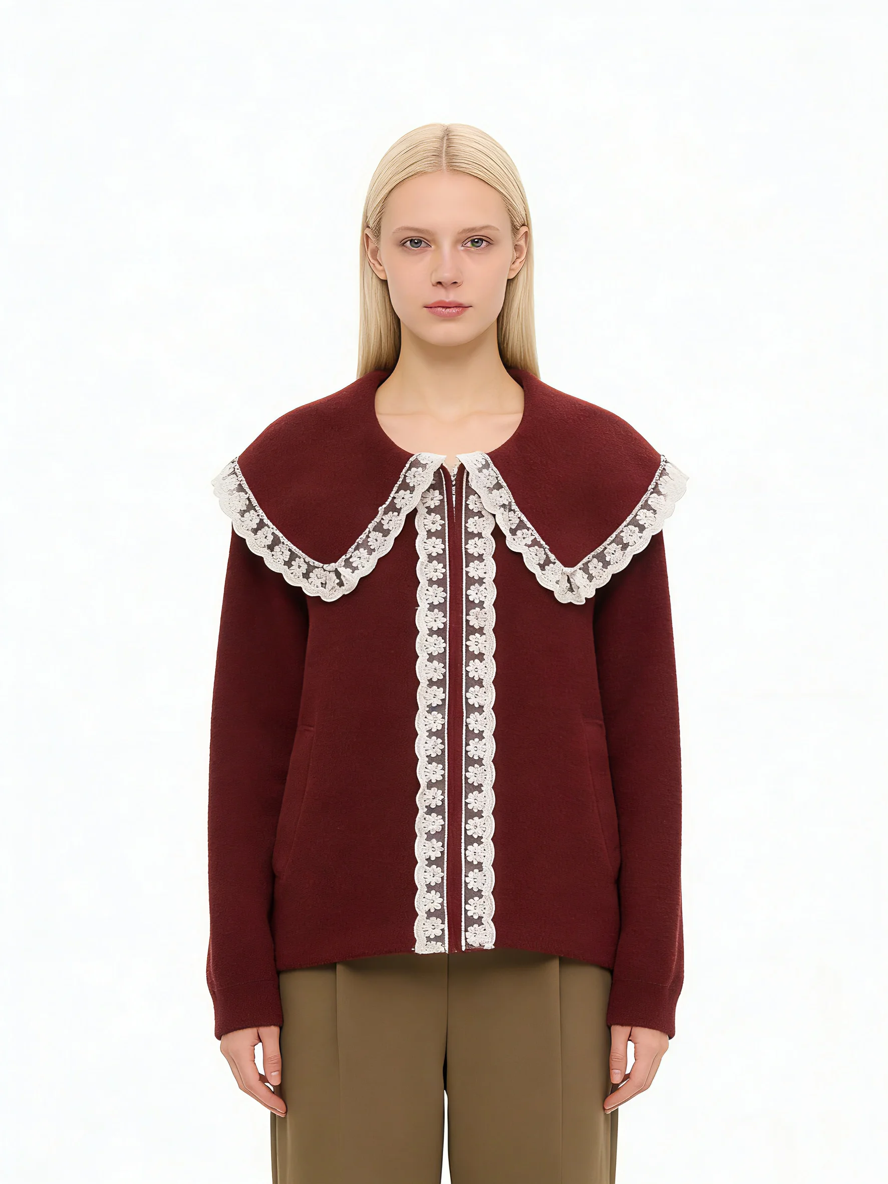 

Wool Burgundy Knit Jacket with Lace Ruffle Collar Women Casual Zip Front Loose Outerwear