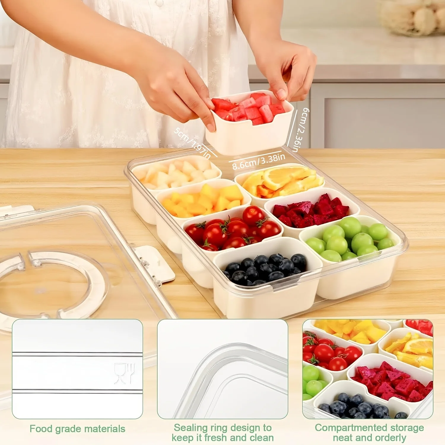 1pc Handheld split format snack tray, four sided snap on PP transparent material with lid sealed storage box view 6