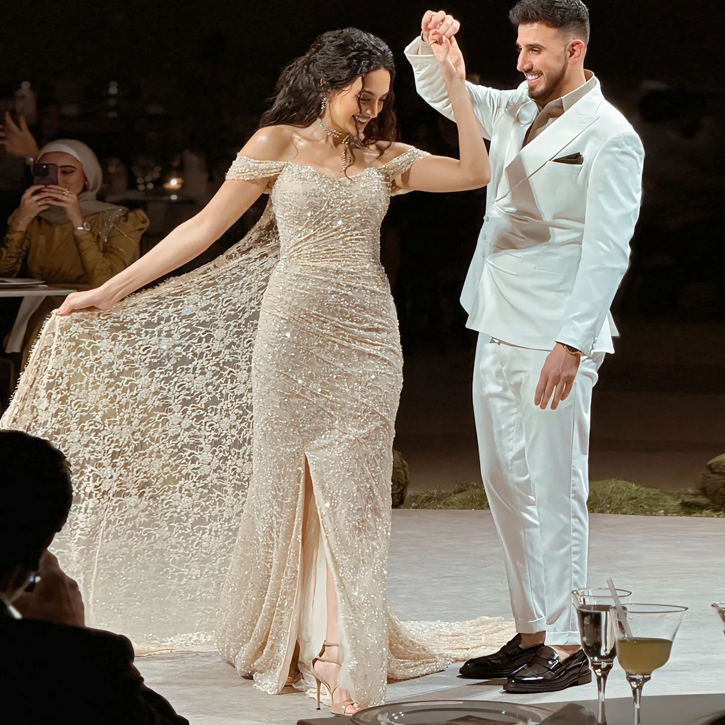

Sharon Said Dubai Champagne Off Shoulder Elegant Evening Dress with Cape Sequin for Women Wedding Formal Gown SF395 Customized