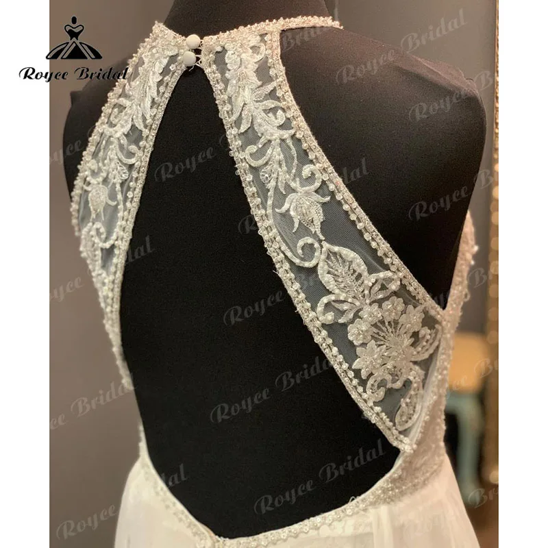 Luxo halter pescoço beading rendas chiffon aberto para trás uma linha boho vestido de casamento praia vestido de noiva robe de mariée feito sob encomenda 2023