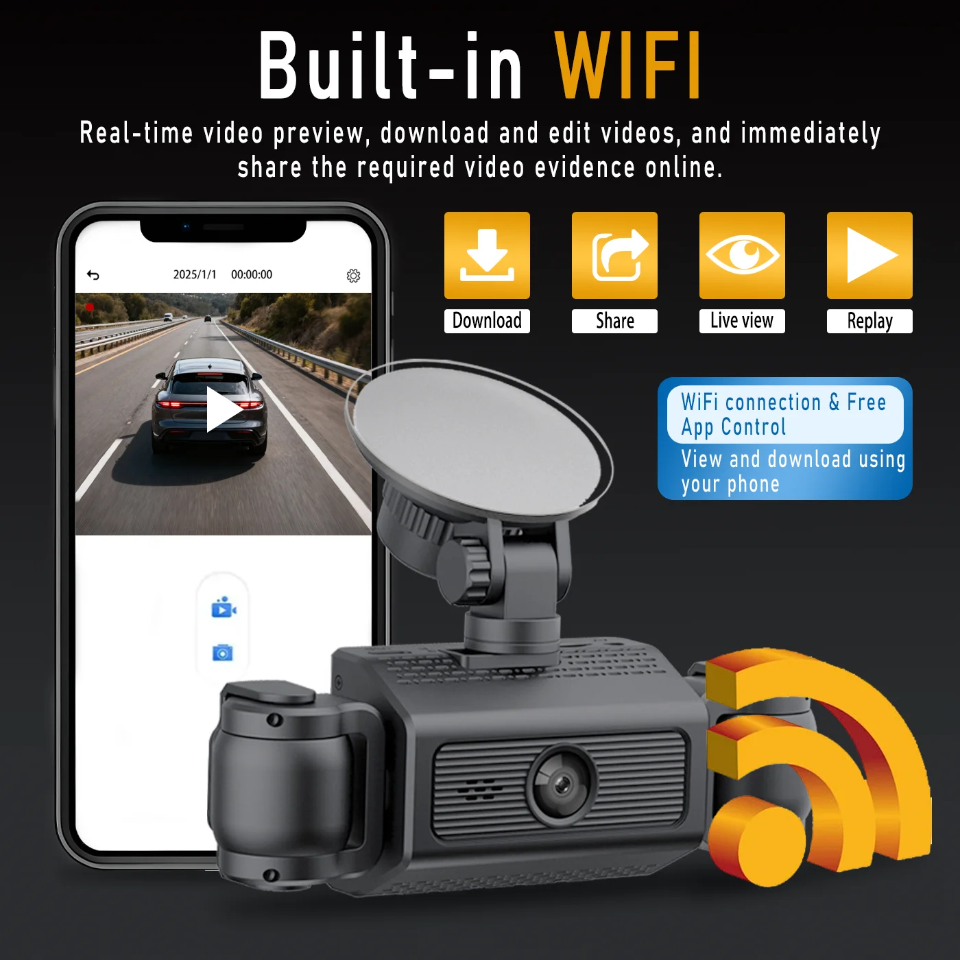 360 °   مسجل قيادة بانورامي، كاميرا داش عالية الدقة 1080 بكسل ذات 4 قنوات مع وظيفة Wi-Fi، رؤية ليلية فائقة، WDR، G-Sensor، loo